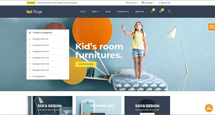 Ani Design là theme wordpress miễn phí được thiết kế cho cửa hàng trực tuyến bán đồ nội thất